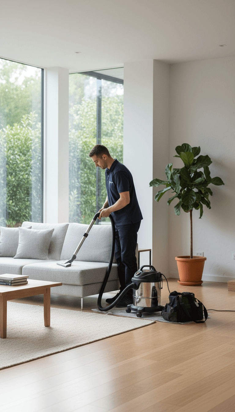 Professional cleaner vacuuming a residential living room sofa