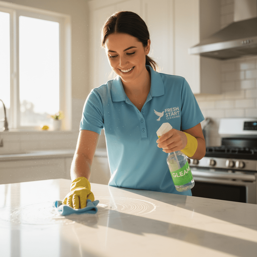 Professional cleaner wiping down a kitchen countertop