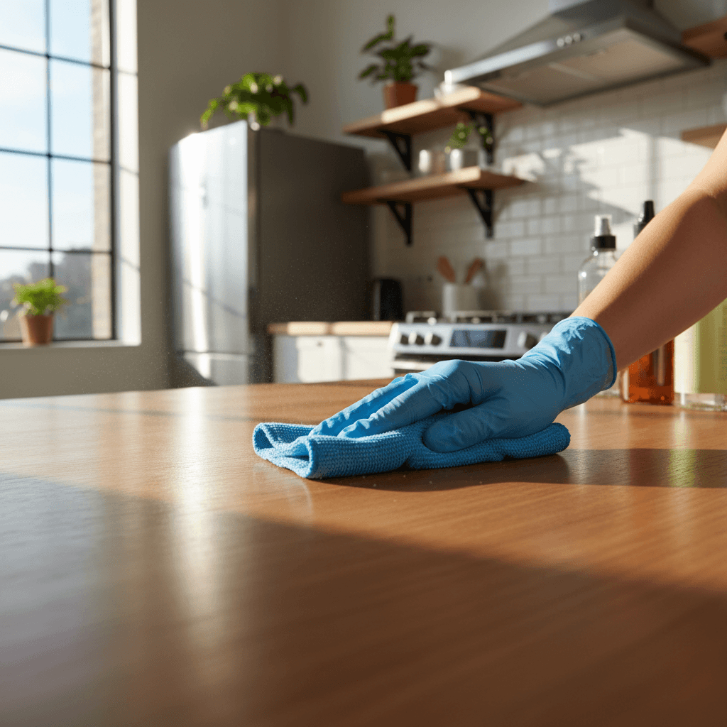 Professional cleaner wiping kitchen countertop with attention to detail