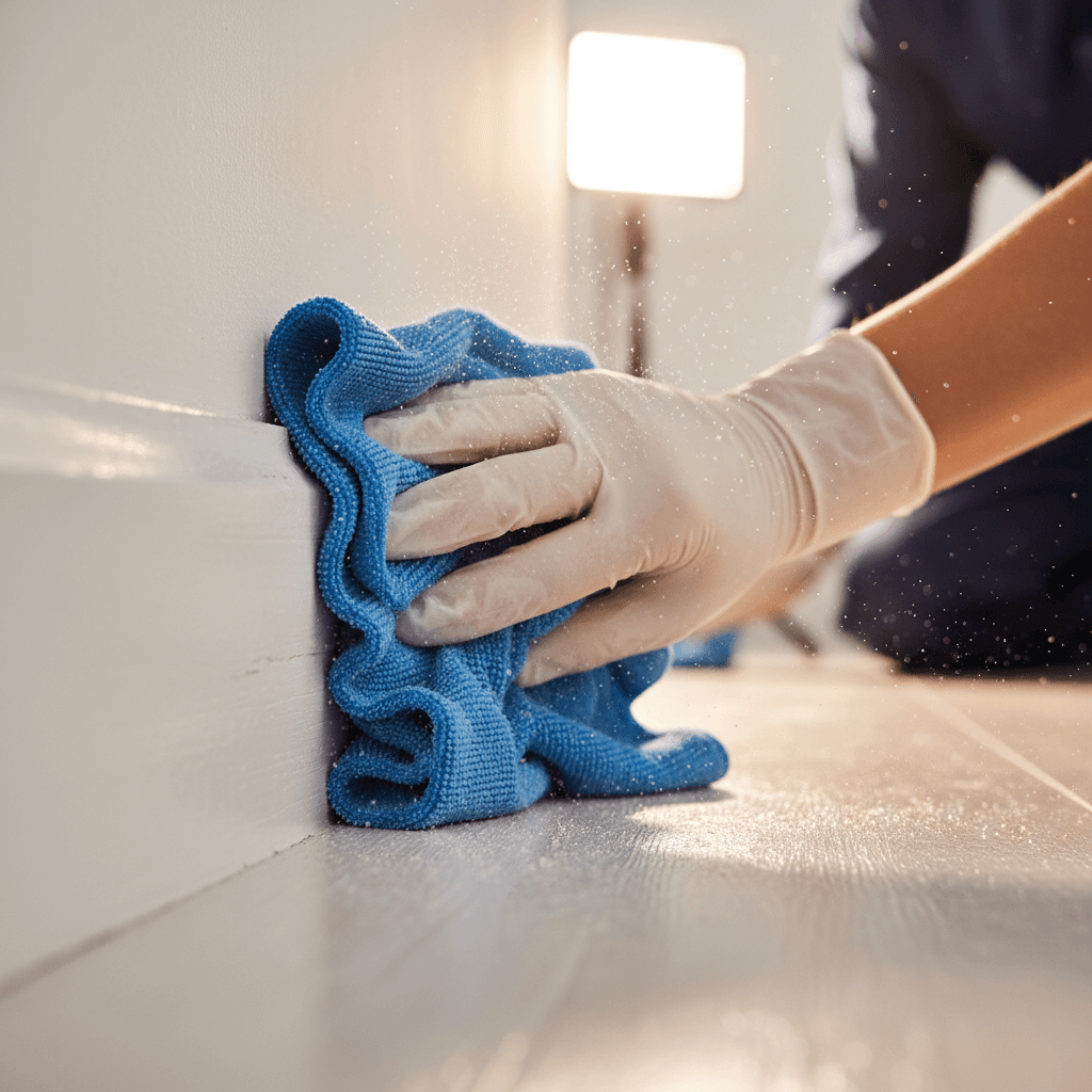 Detailed deep cleaning work on baseboards and corners