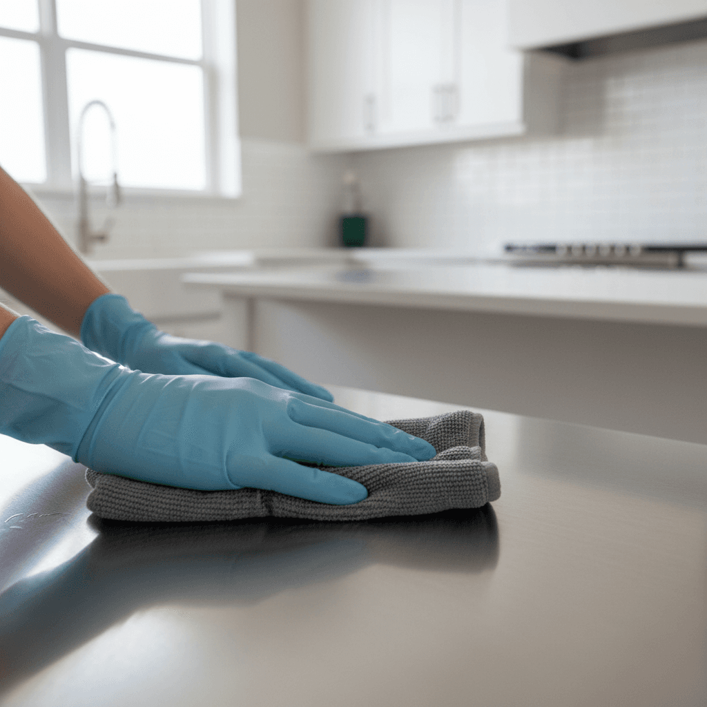 Professional cleaner maintaining a residential kitchen with microfiber cloth